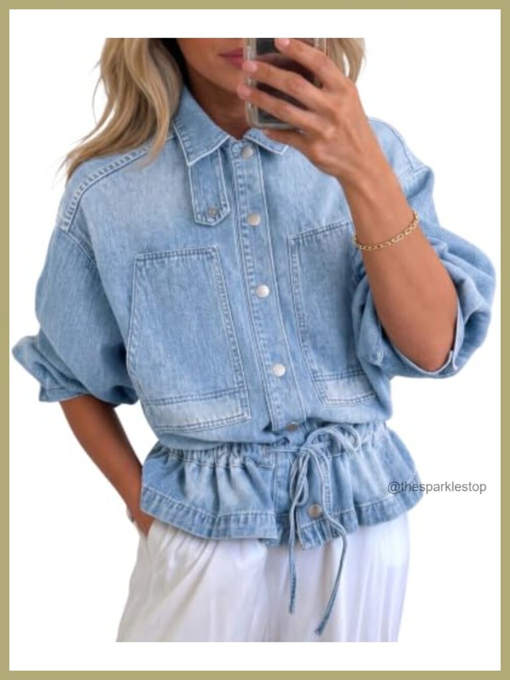 Women Drawstring Denim Jean Jacket Cotton Blend Shacket